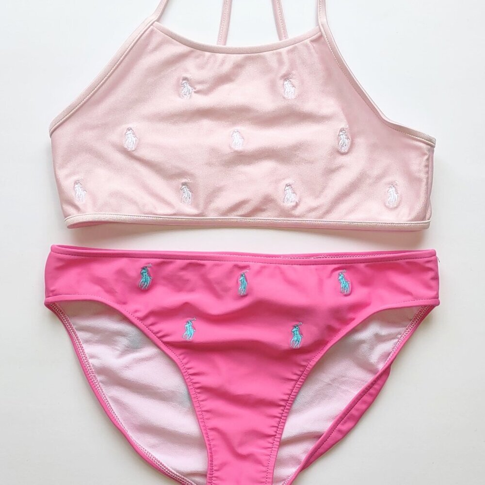 Polo Ralph Lauren Girl's 2 Pc Bikini Pink w/ White & Blue Pony Lined Size 14 EUC